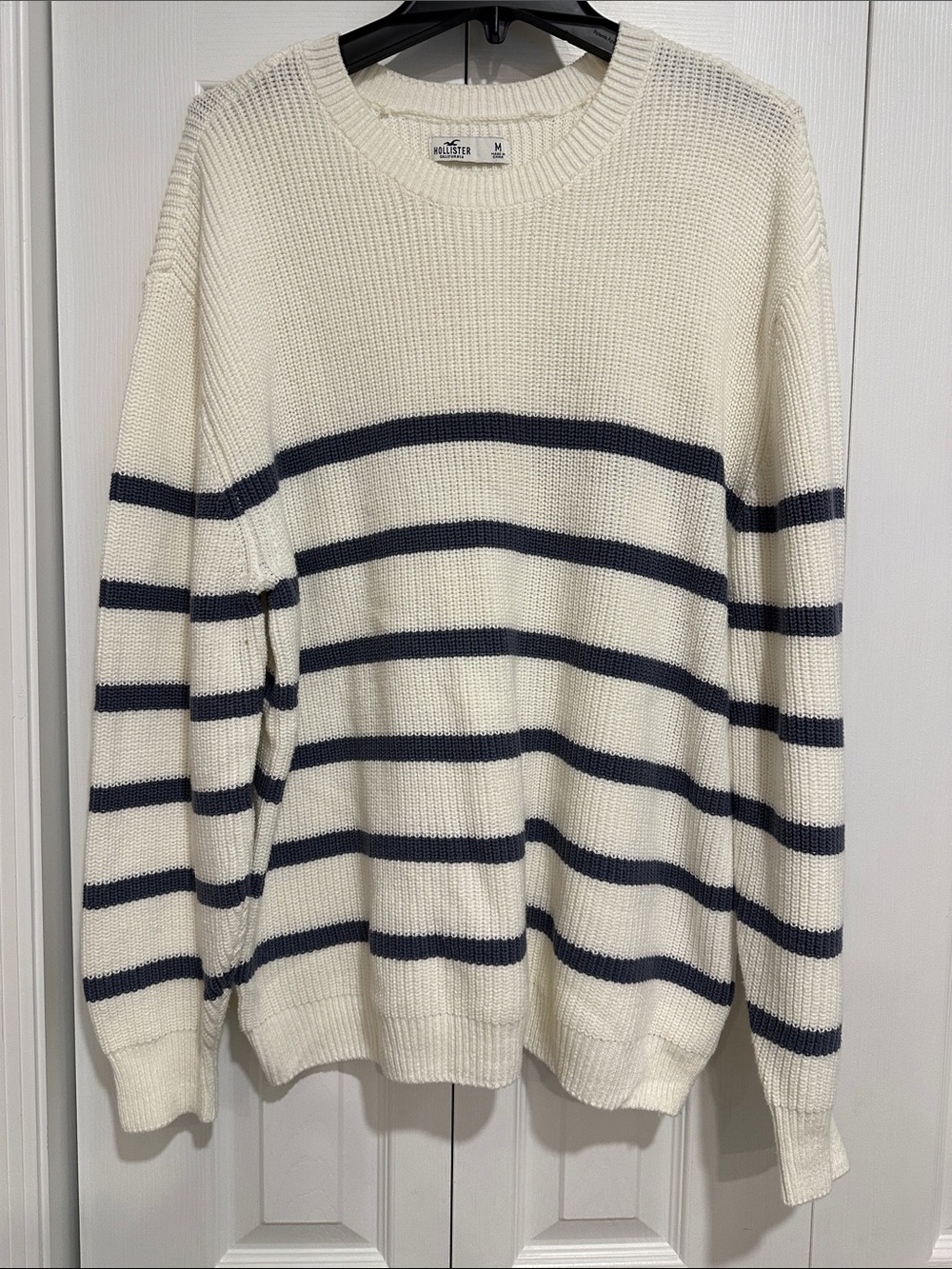 Hollister Cream Crewneck Sweater with Navy Stripes